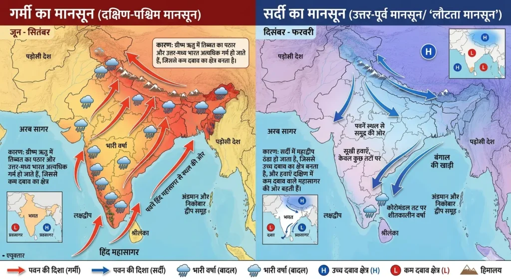 भारत के मानचित्र पर गर्मी और सर्दी के मानसून चक्र को प्रदर्शित कीजिए।